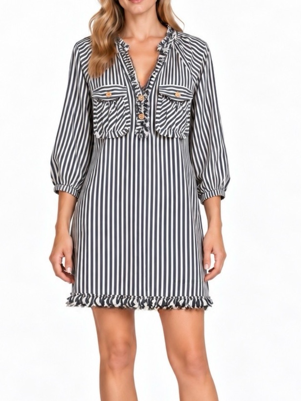 ELLOR Striped Ruffle Trim Mini Tunic Dress Size M
